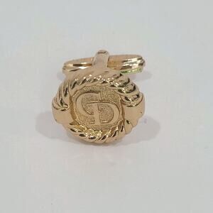 Single Only 1 Christian Dior CD Gold Tone Logo Round Cufflink Vintage‎ Authentic
